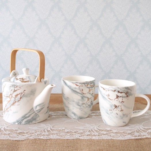 Marble Porcelain Teapot And Two Mugs Set